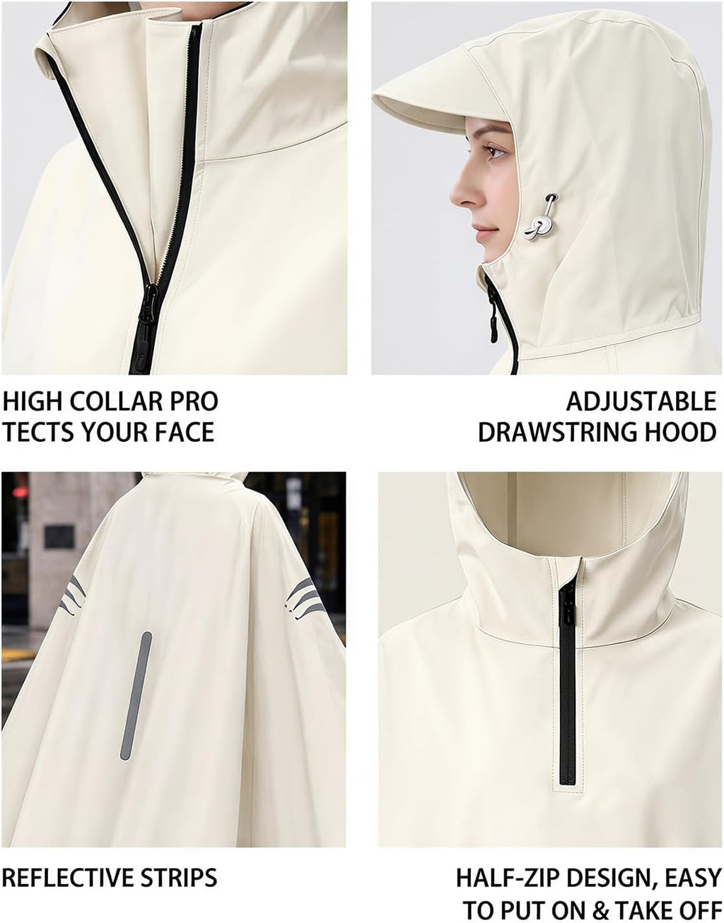 Rain Poncho Waterproof Full Body Long Hooded with Double-Face Visor Mask, Packable Raincoat for Cycling, Hiking