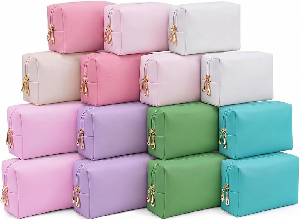 15 Pcs Makeup Bag Bulk PU Cosmetic Pouches Preppy Waterproof Travel Toiletry Bags Aesthetic Storage Organizer Bags Party/Birthday Gift Favors for Teen Girls Women (Vivid Series)