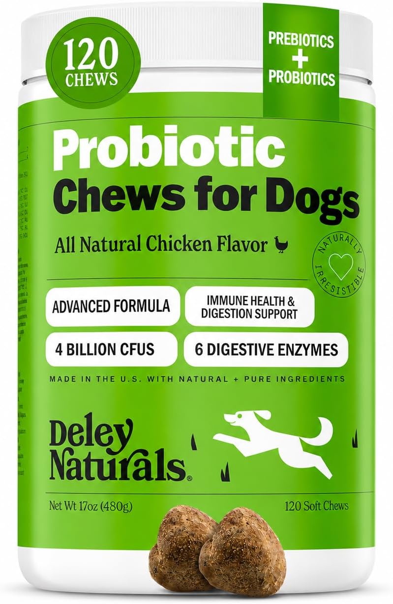 Deley Naturals Dog Probiotic Chews - 4 Billion CFU Probiotics for Dogs with Digestive Enzymes & Prebiotics - Grain Free Soft Chews for Gut Health & Digestive Support - 120 Chicken Chews Made in USA