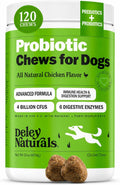 Deley Naturals Dog Probiotic Chews - 4 Billion CFU Probiotics for Dogs with Digestive Enzymes & Prebiotics - Grain Free Soft Chews for Gut Health & Digestive Support - 120 Chicken Chews Made in USA