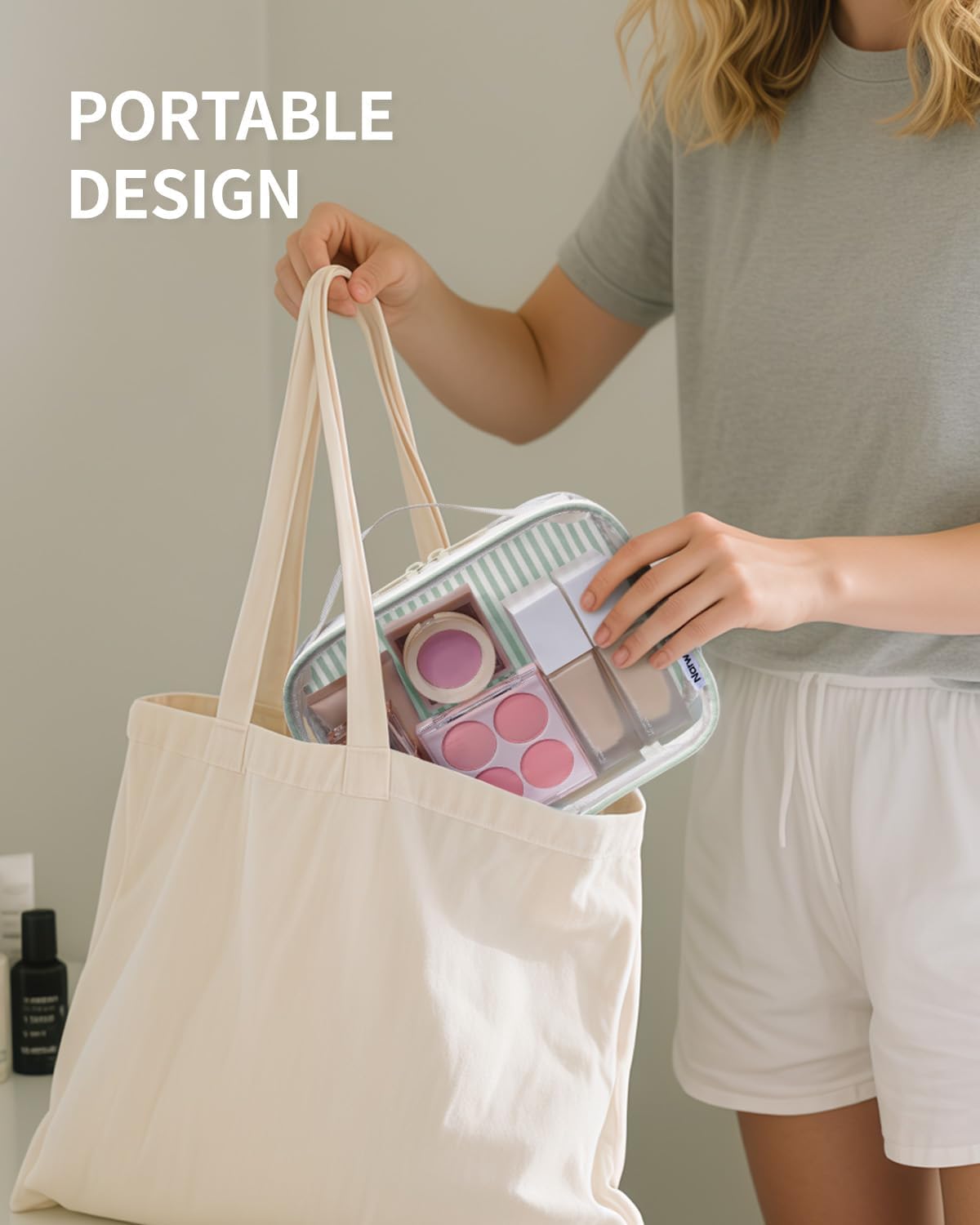 Narwey TSA Approved Clear Toiletry Bag for Travel, Waterproof PVC Clear Makeup Bags, Portable Compact Cosmetic Bag Make Up Organizer, Airport Airline Quart Size Compliant Bag (Mint Green Stripe)