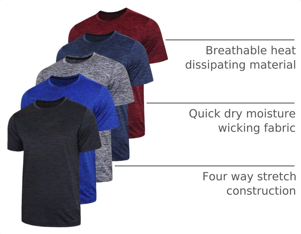 5 Pack Men’s Active Quick Dry Crew Neck T Shirts | Athletic Running Gym Workout Short Sleeve Tee Tops Bulk
