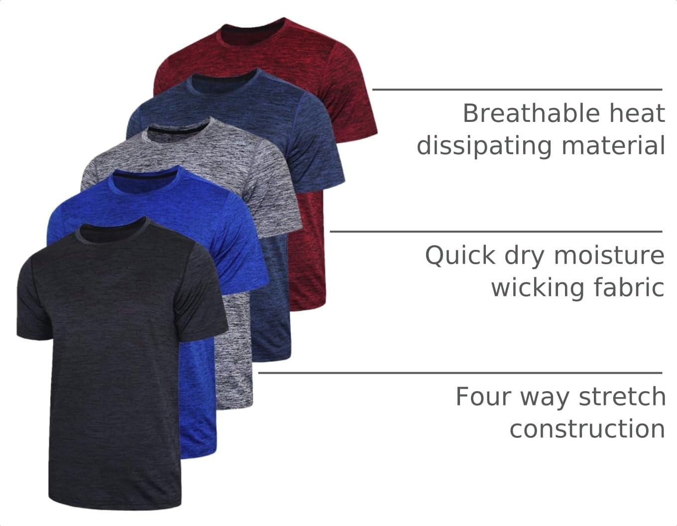 5 Pack Men’s Active Quick Dry Crew Neck T Shirts | Athletic Running Gym Workout Short Sleeve Tee Tops Bulk