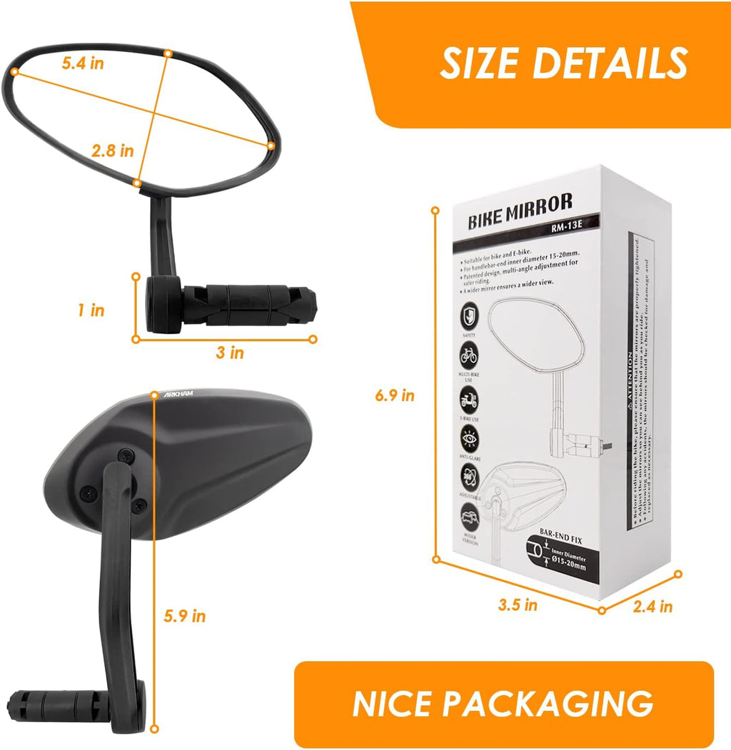 Arkham Bike Mirror for Handlebar HD Bar End Bicycle Mirror Thickened Auto-Grade Glass for Handlebar Rearview Mirror Multi-Angle Adjustable, E-Bike Universal(Oval Pair)