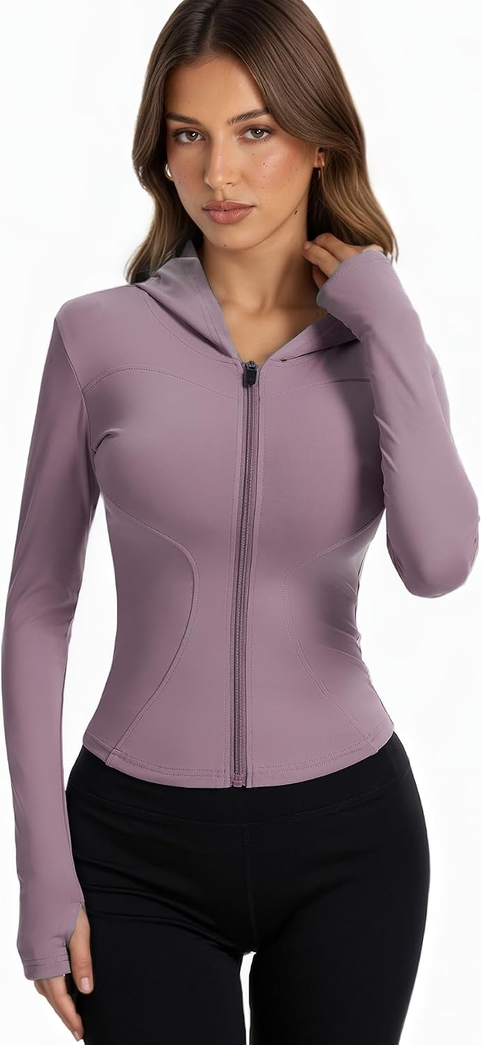 Women Bbl Jackets with Hood Compression Workout Tops Lined or Unlined Lightweight Yoga Gym Jacket with Thumb Hole