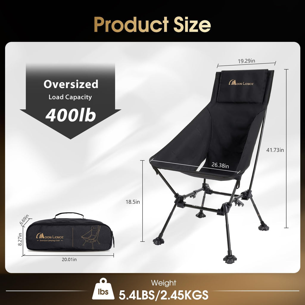 MOON LENCE Oversized High Back Camping Chair for Adults, Height Adjustable Folding Camp Chair | 400 lbs Capacity & 5.4 lbs Weight, Hidden Pillow Pocket Wide Seat for Camping Fishing Overlanding, Black