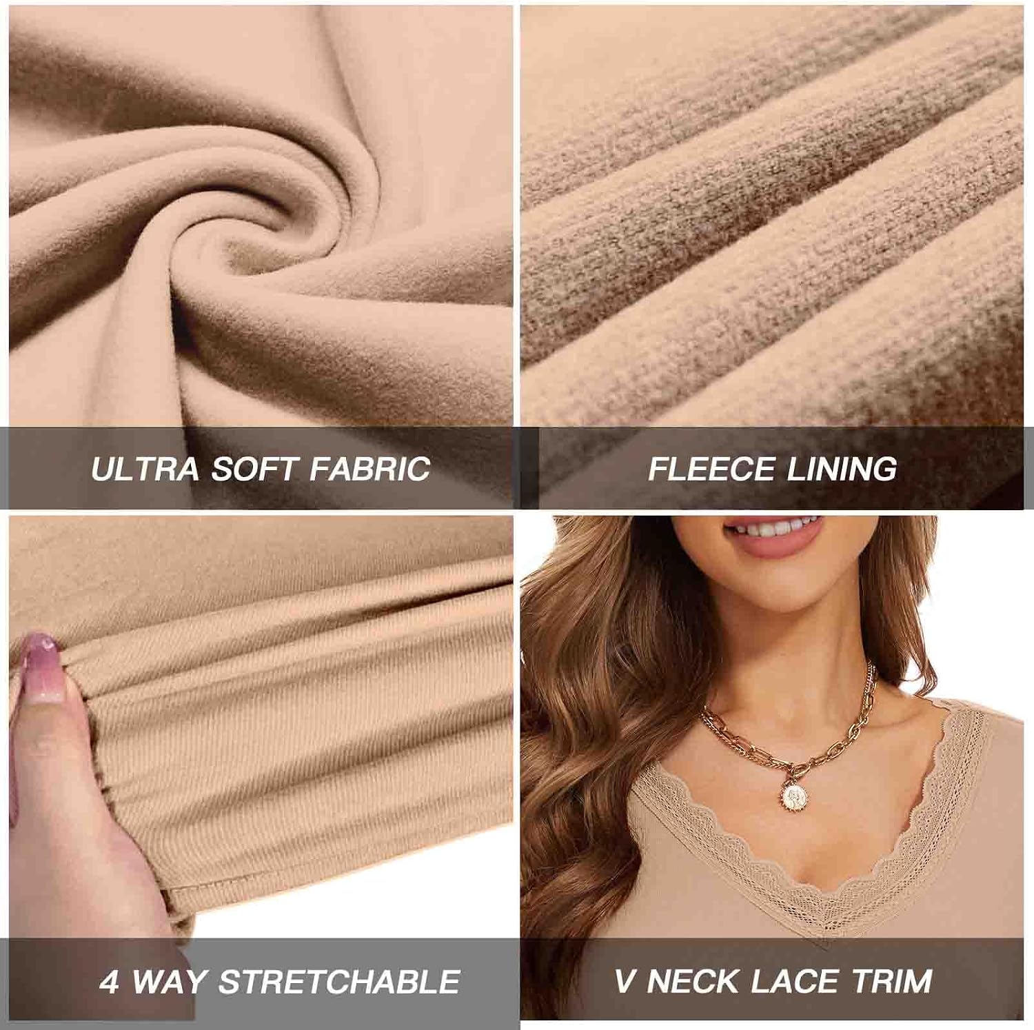 WOWENY Women Thermal Long Sleeve Shirt Fleece Lined Basic Fitted Tops Lace V Neck Undershirts Winter Tight Base Layer