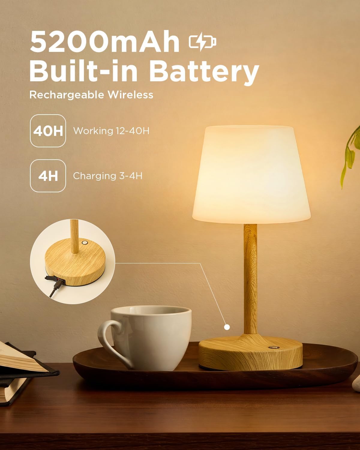 IP65 Waterproof Rechargeable Shower Lamp, Cordless Bathroom Touch Lamps