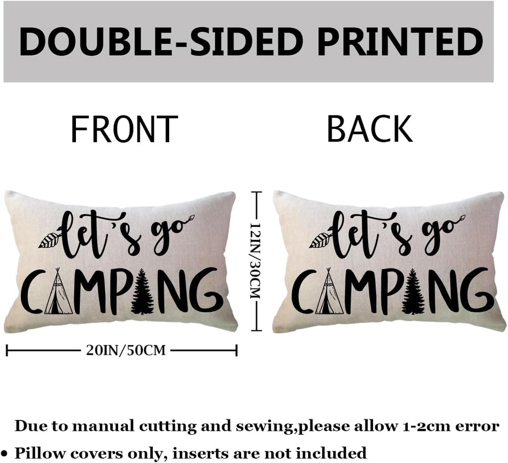 Adventure Camper Decorative Lumbar Pillowcase Double-sided Let’s Go Camping/Adventure Awaits Throw Pillow Covers Cabin/Camper Cushion Covers 12x20,2Pack for Sofa/Couch/Porch (Beige)