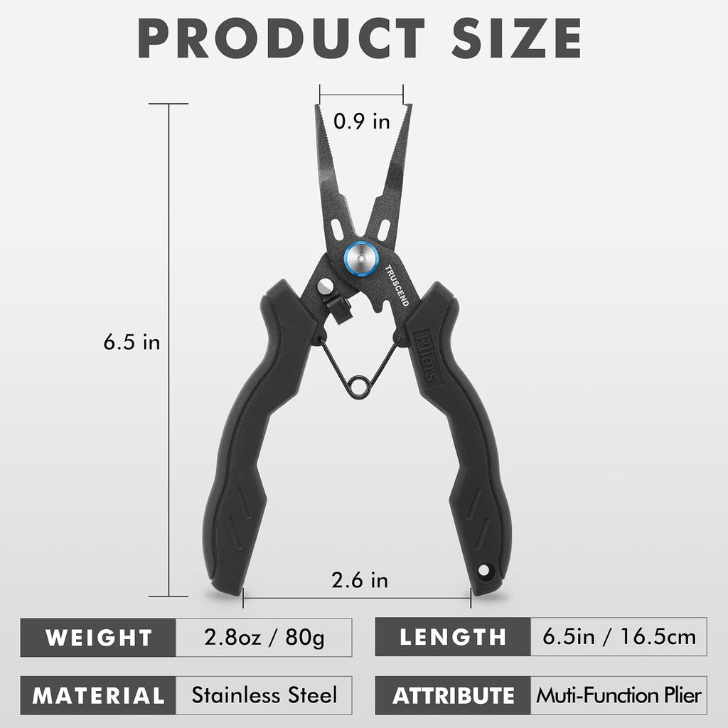 TRUSCEND Easy Use Fishing Pliers with Line Cutter, Stainless Steel Fishing Tools, Muti-Function Hook Remover and Split Ring Plier Set, Spring-Loaded Jaws & Ergonomic Grip, Fishing Gear Gifts for Men