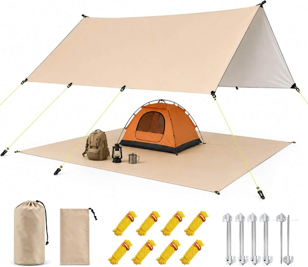 Waterproof Camping Tarp Tent Hammock Rain Fly, Mutifunctional Tent Footprint Lightweight Tarp for Camping, Hiking and Survival Shelter (Green, Without Poles,15x11FT)