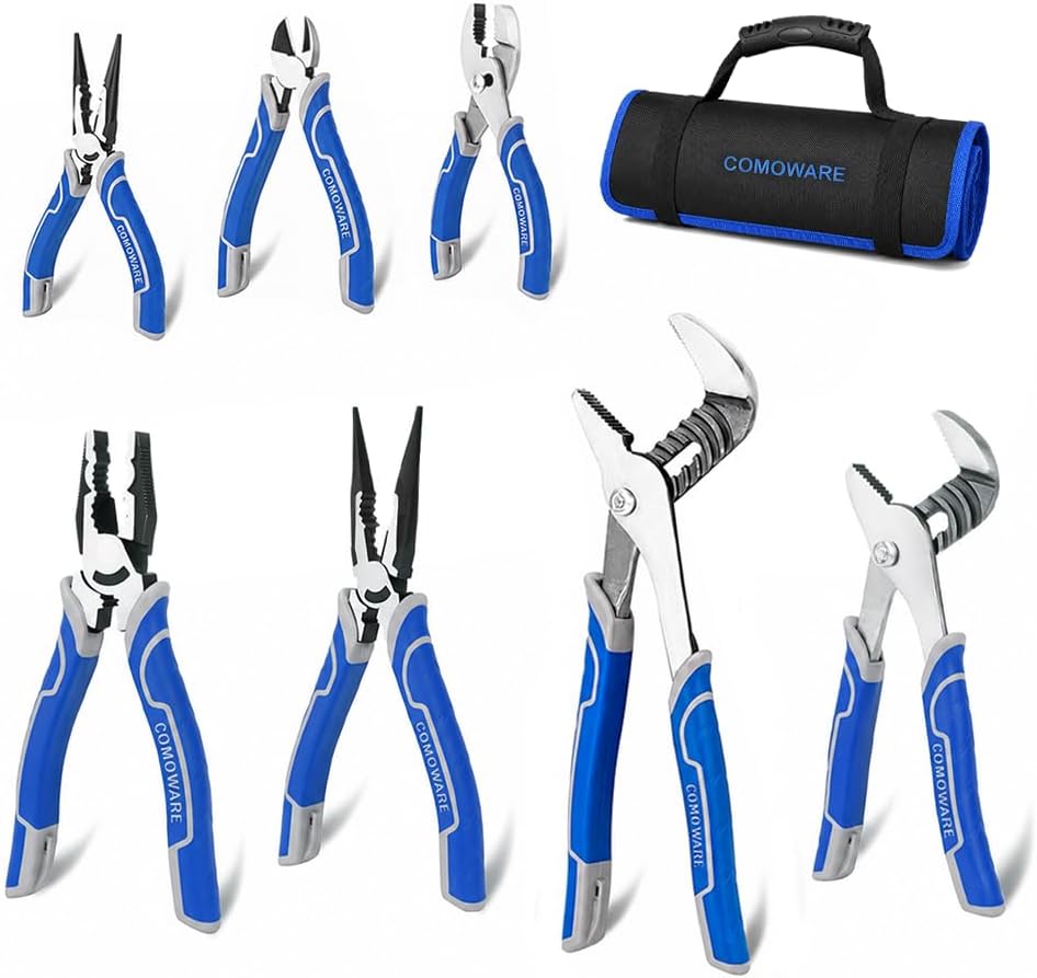 COMOWARE 7Pcs Pliers Set, Mechanic Plier with Rolling Pouch, 10", 8" Groove Joint Pliers, 8" Adjustable Wrench, 8" Linesman, 6" Long Needle Nose, 6" Slip Joint, 6" Diagonal, Roll-Up Pouch Organizer