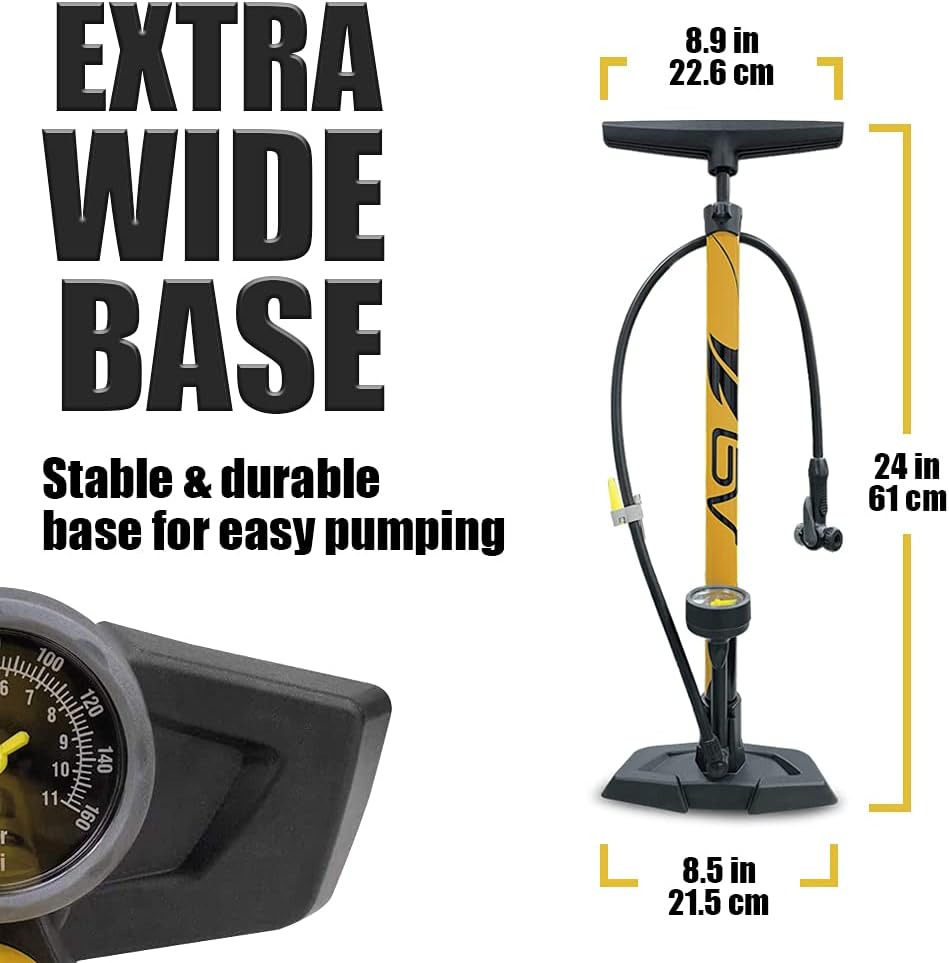 BV Bicycle Pump Durable Bike Floor Pump 17/24 inch Smart Valve Head, 160 psi, Automatically Reversible Presta and Schrader