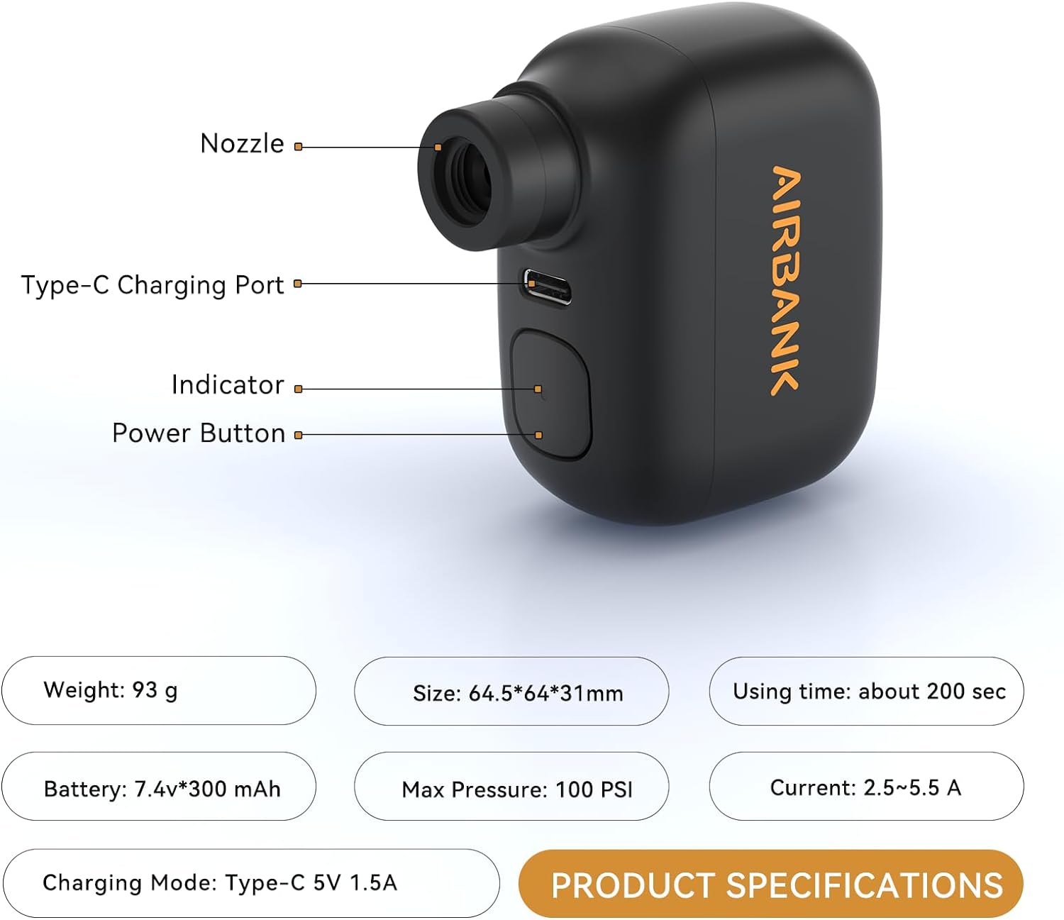 AIRBANK Mini Bike Pump POCKET SE, 100 PSI Electric Bicycle Air Pump for Road Bikes, Portable Bicycle Pump, Bicycle Tire Inflator for Schrader and Presta Valve with Rechargeable Battery