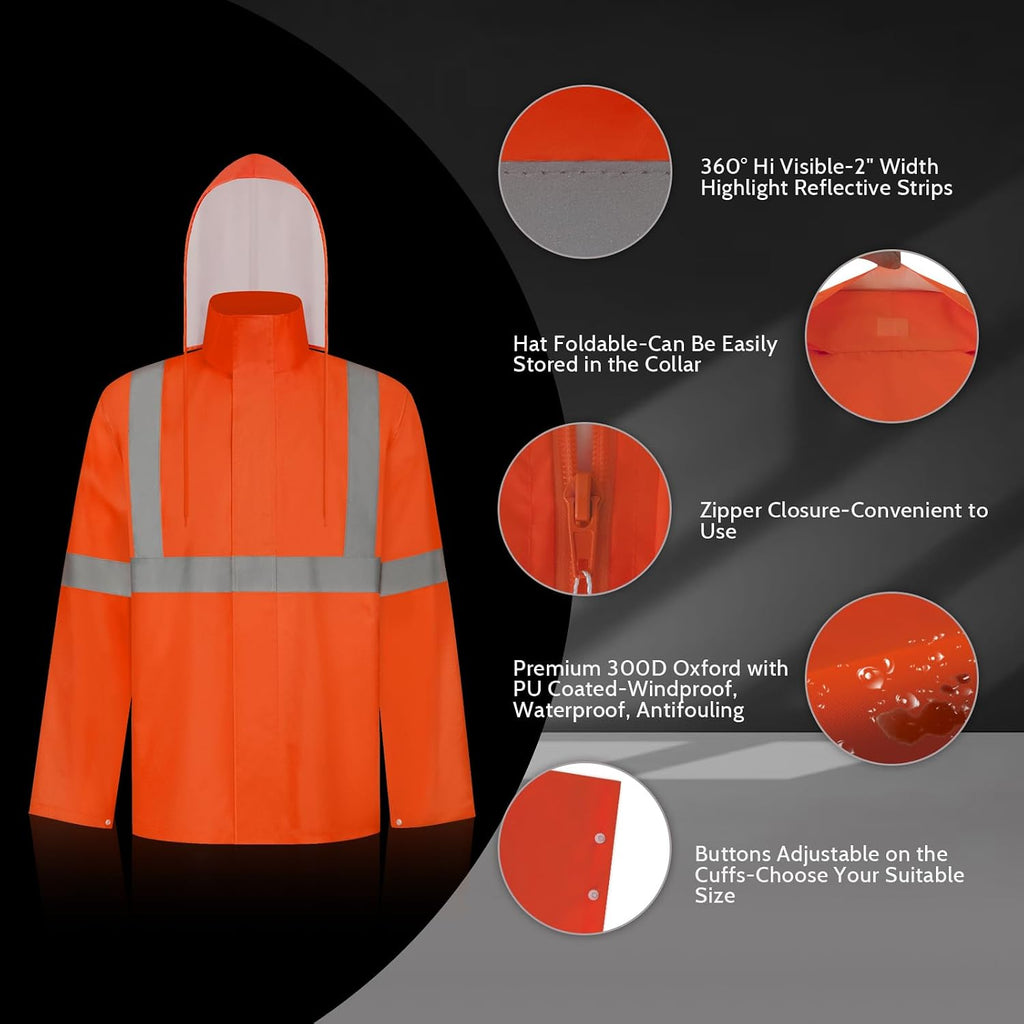TCCFCCT High Visibility Rain Gear for Men - Waterproof High Vis Jacket & Pants, Class 3 Hi Vis Coat - Rain Suits for Men's Work & Outdoors, 4XL-5XL Orange WP