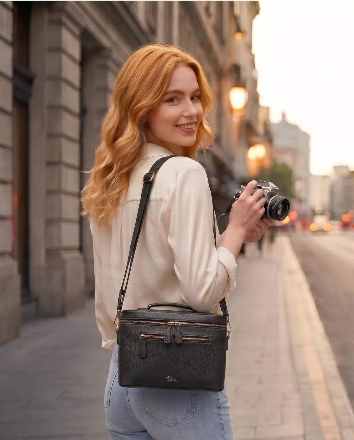 Camera Sling Bag, Waterproof PU Leather Crossbody Camera Case for Photographers, Small Shoulder Bag Compatible for Canon Nikon Sony (Black)