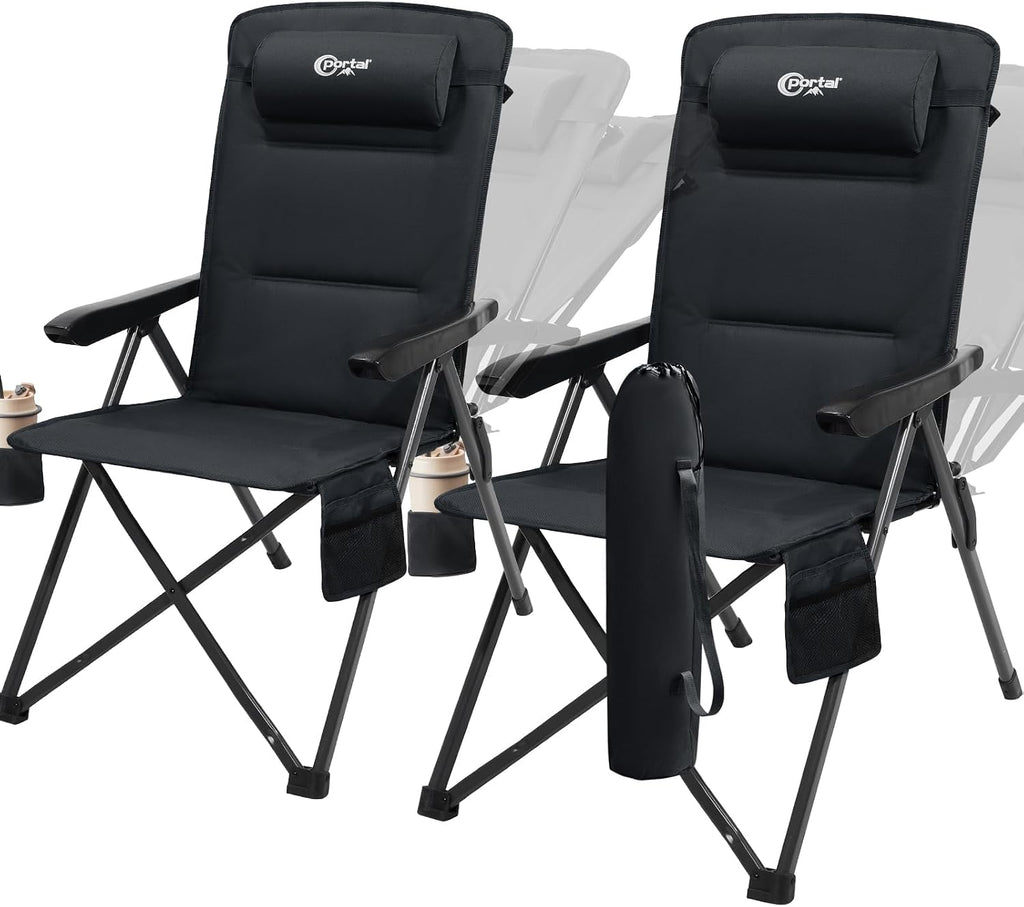 Portal Reclining Camping Chair with Adjustable Back 2 Packs, Black