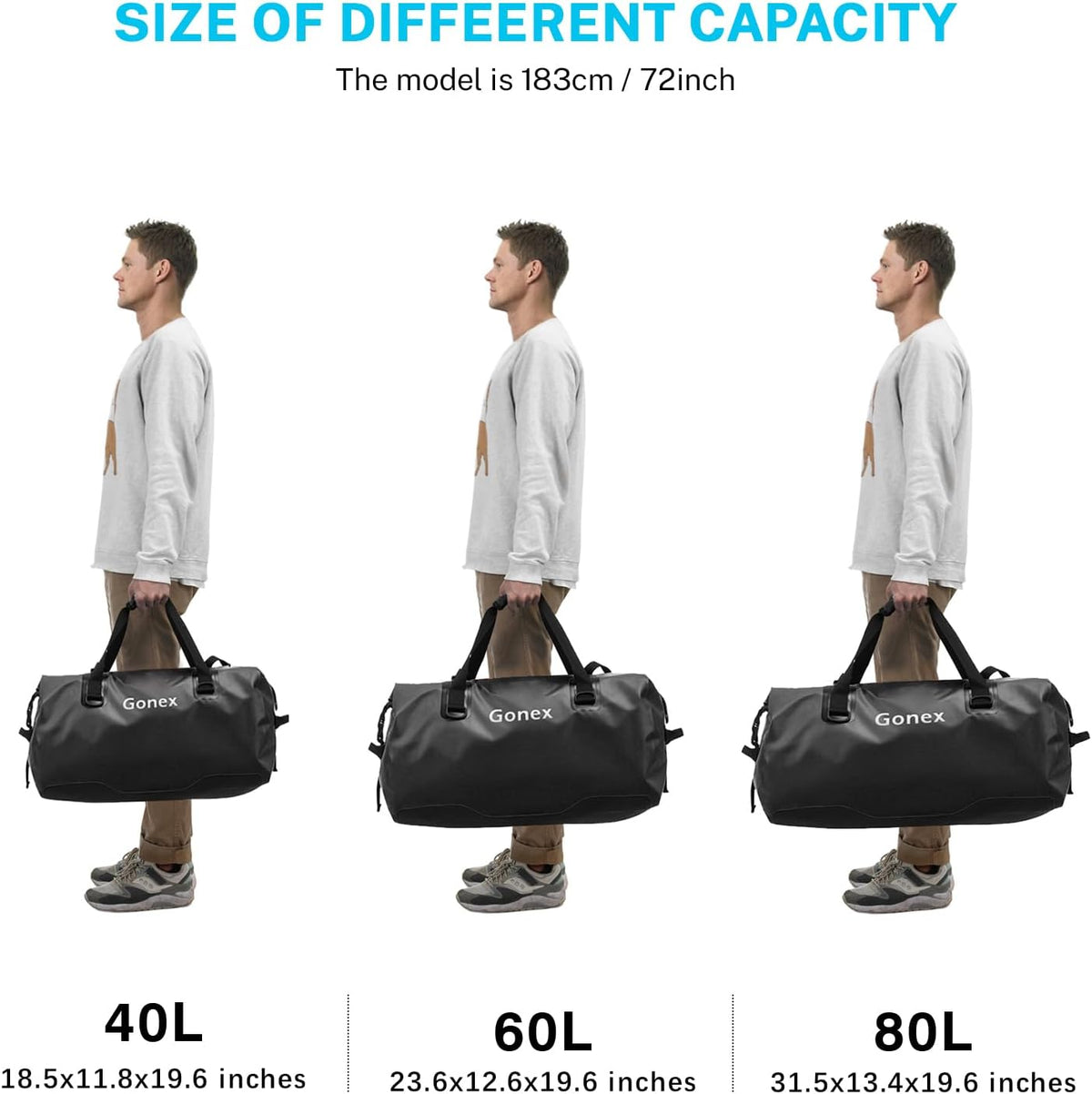 Gonex Waterproof Duffel Bag, 40L/60L/80L Roll-Top Travel Kayaking Dry Bag