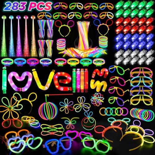 SHQDD Party Supplies, Glow in the Dark Party Favors for Adults Kids, 27 Carnival Accessories, 56 LED Light Up Toys Bulk, 100 Glow Sticks Party Pack, Neon Party Supplies & Decorations