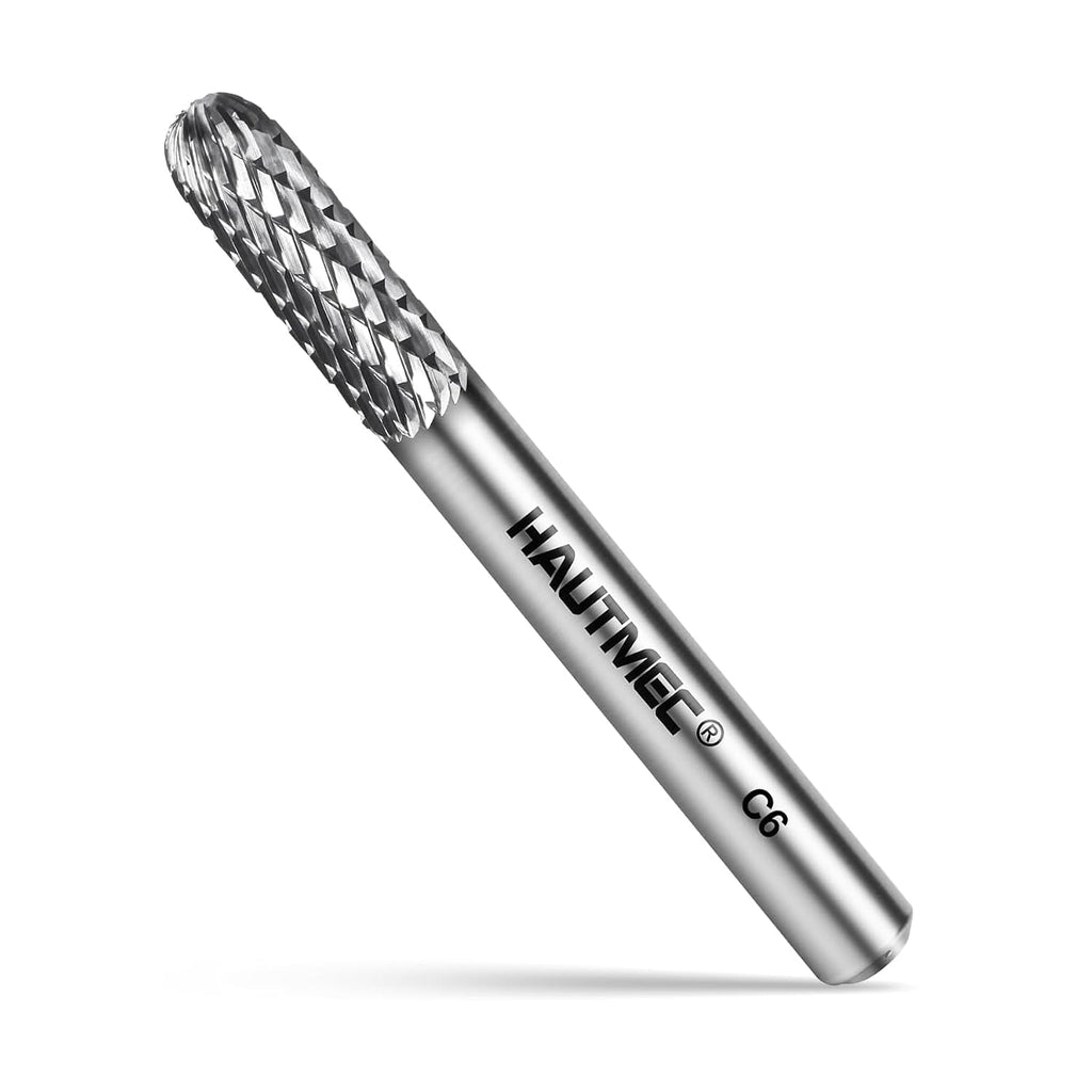 HAUTMEC Tungsten Carbide Rotary Burr Bit YG6, 1/4" Shank Double Cut Die Grinder Bit, Low Vibration Precision Rotary File for Metal Grinding, Engraving & Deburring (6MM Cylindrical Ball End), HT0198