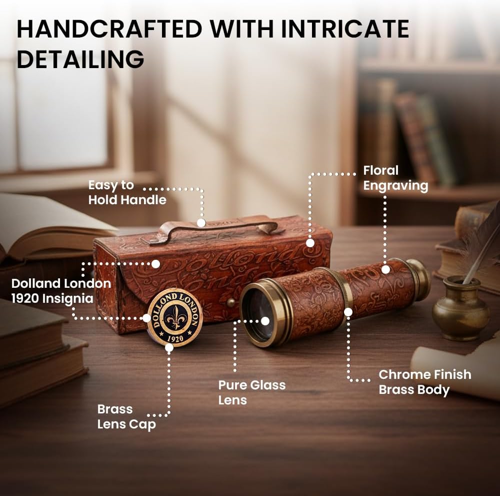 Antique Decor Spyglass, Pirate Telescope with Leather Case, Handheld Telescope for Adventure Enthusiasts, Monocular Nautical Decor for Gifting, Travellers, Dolland London, 17.5"