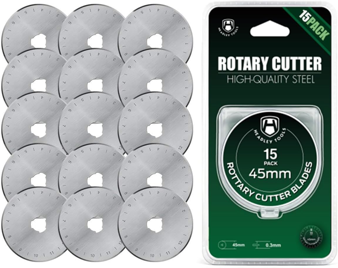 HEADLEY TOOLS 45mm Rotary Cutter Blades 15 Pack Fits Olfa, Fiskars, Replacement Rotary Blade for Arts Crafts Quilting Scrapbooking Sewing, Sharp and Durable