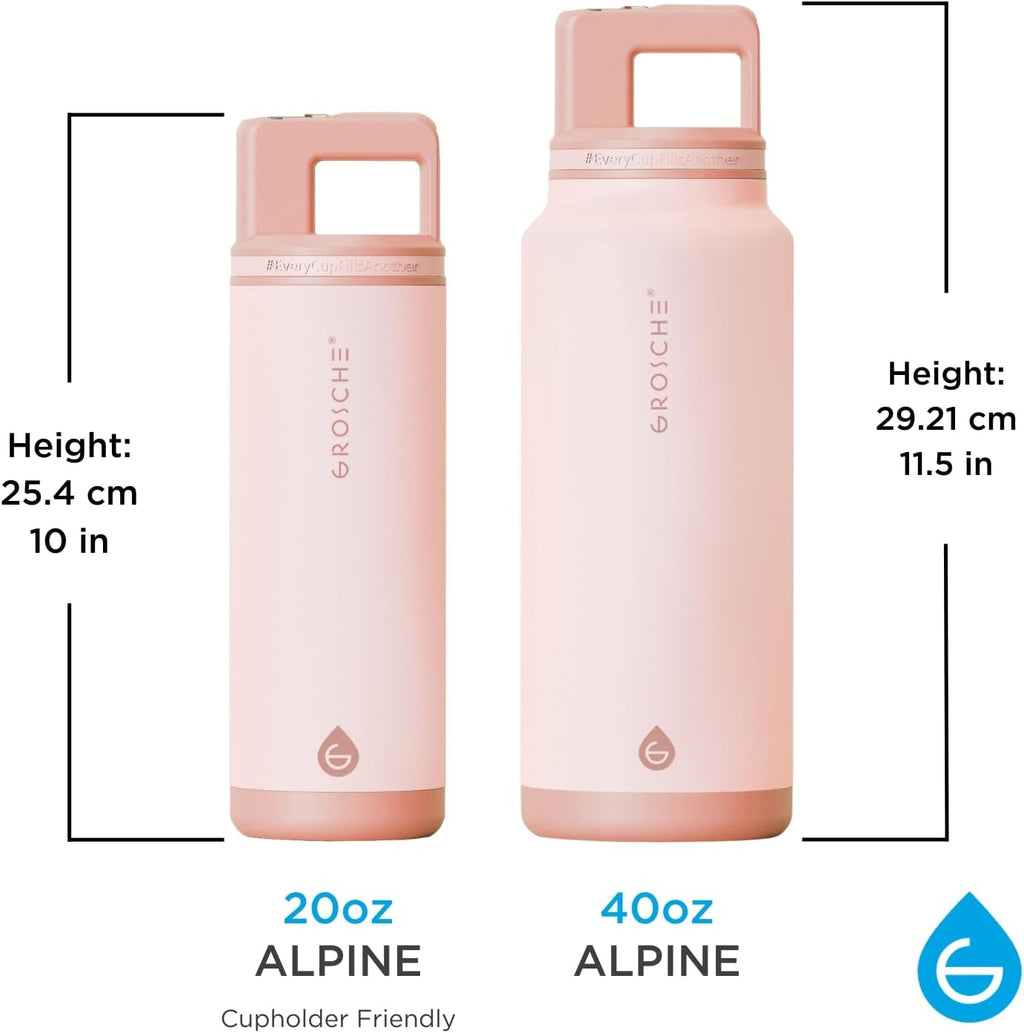 GROSCHE Alpine Flip N Sip Insulated Bottle with Straw Lid, Rose Pink, 40 oz