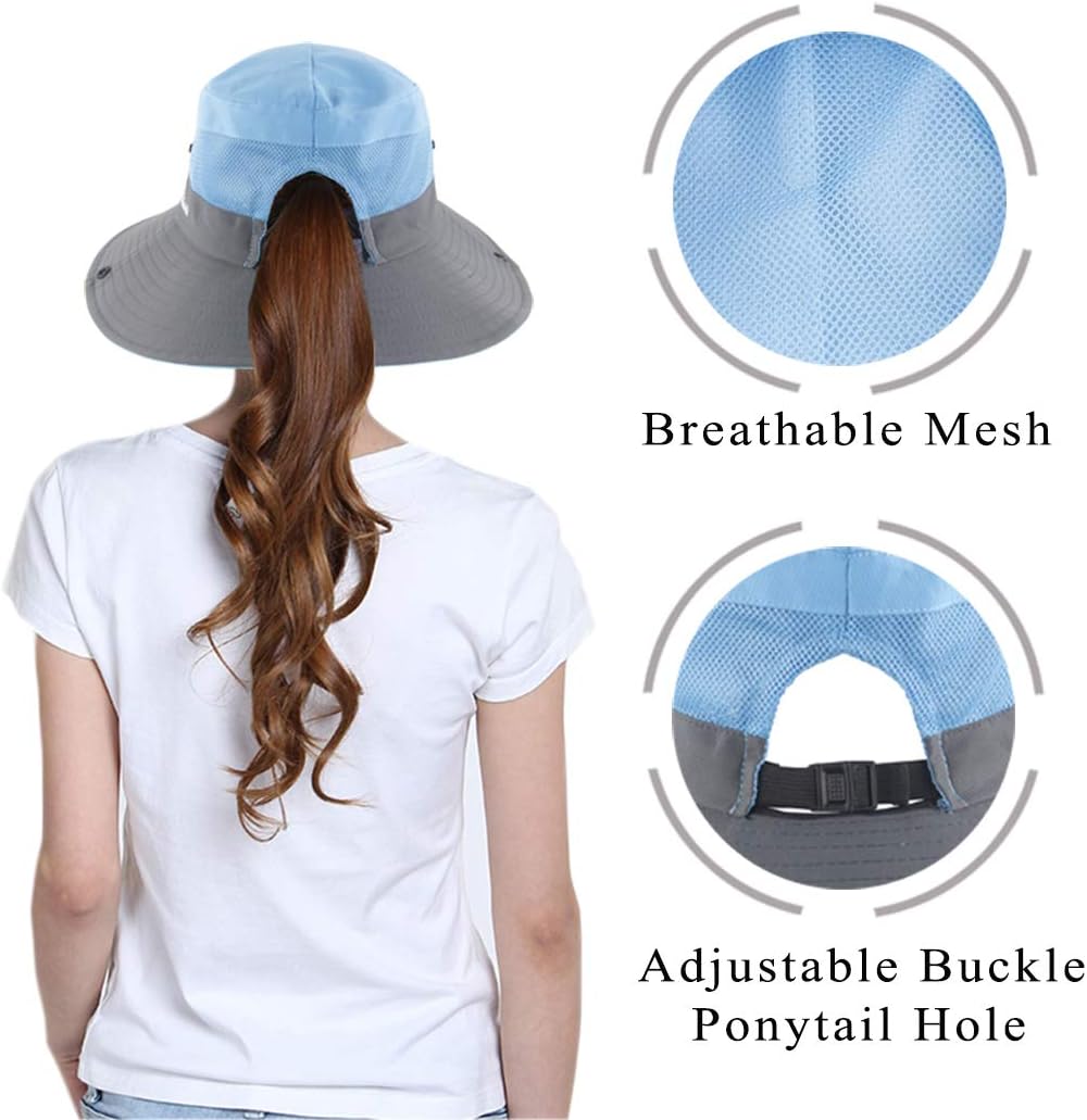 Muryobao Women's Ponytail Sun Hat UV Protection Foldable Mesh Wide Brim Beach Fishing Hat