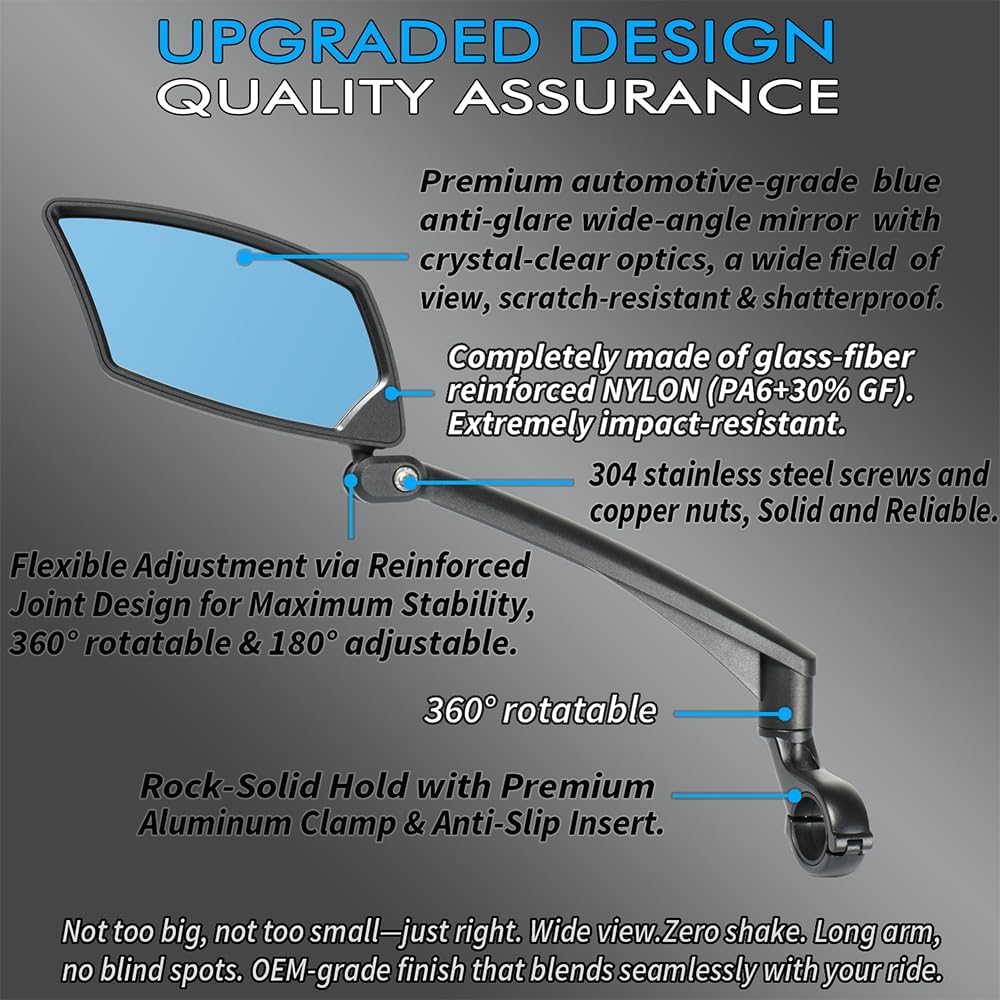 BriskMore Handlebar Bike Mirror - Crystal Clear HD Glass, 360° Adjustable&Foldable Mirror for Safe Riding, Wide Angle Rearview for E-Bikes, Mountain Bikes & Scooters,Bicycle Mirror