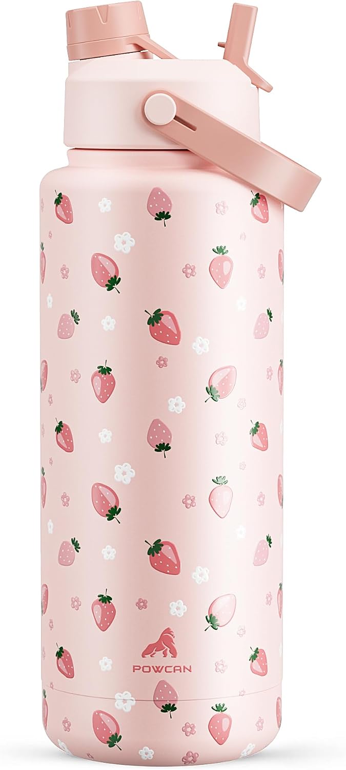 POWCAN 32 oz Insulated Water Bottle with 2-in-1 Straw and Spout Lid, Keep Cold 24H, Leak-Proof, BPA-Free, Double Wall Stainless Steel Water Bottle for Sports, Gym, Travel, and School (Cotton Candy)