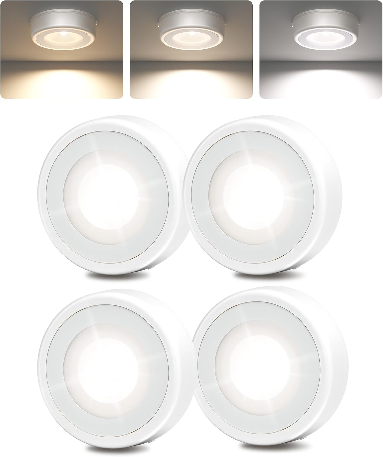 EZVALO LED Puck Lights, Rechargeable Stick On Tap Lamp, Touch Light, 2.95'' Mini Tap Light, 3 Color Temps,Under Cabinet Lights Wireless, Ideal for Kitchen,Closet,Pantry,Camper(4 Pack)