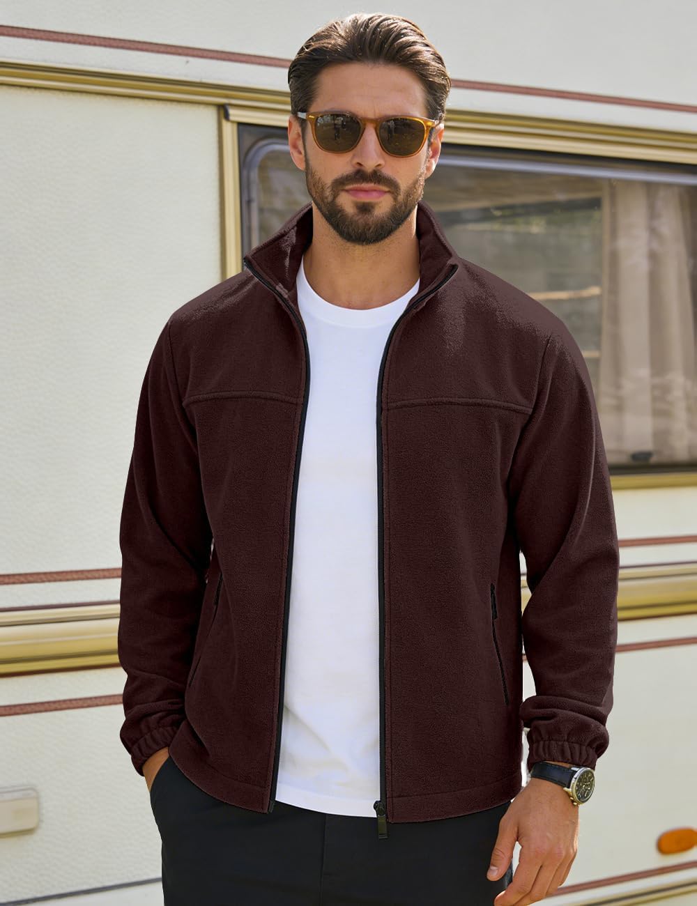 Mens Polar Fleece Jacket Full Zip Lightweight Casual Outdoor Jackets Stand Collar Warm Coats with Pockets