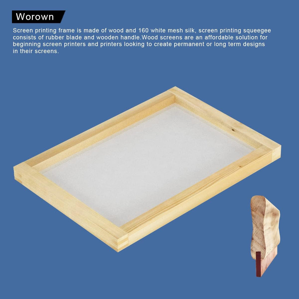 Worown 1 Piece 8 x 10 Inch Wood Silk Screen Printing Frame with 110 White Mesh and 1 Piece 4 x 6 Inch Screen Printing Squeegee