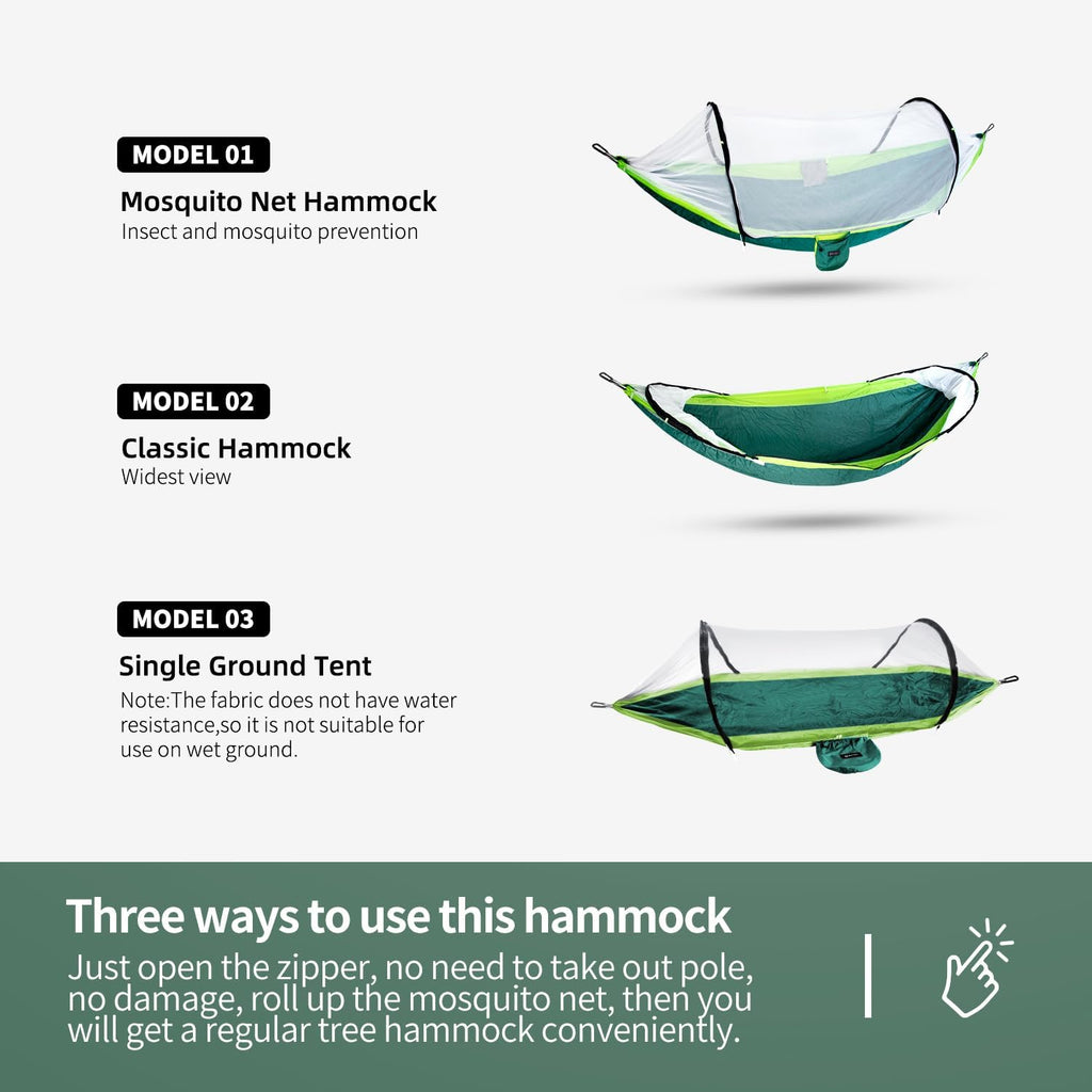Hammock with Mosquito Net - Lightweight, Portable, 1 Person Hammock - for Camping, Hiking, Backpacking, Travel, a Festival, or The Beach (Dark Green)