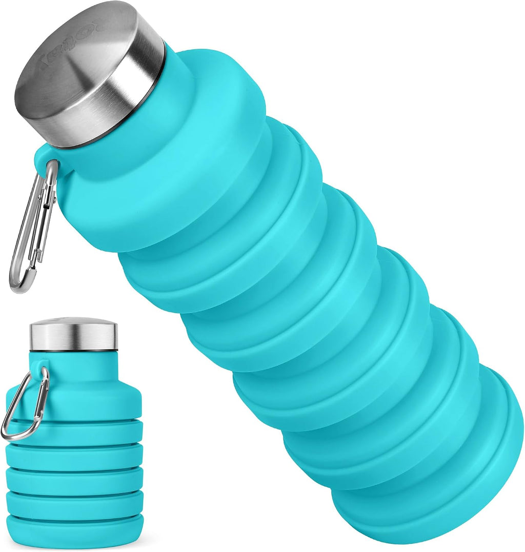 Collapsible Water Bottles, 16oz Foldable Silicone Travel Water Bottle with Carabiner, Wide Mouth, Leak-Proof, BPA-Free for Hiking, Camping, Travel - Blue