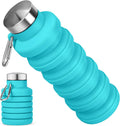 Collapsible Water Bottles, 16oz Foldable Silicone Travel Water Bottle with Carabiner, Wide Mouth, Leak-Proof, BPA-Free for Hiking, Camping, Travel - Blue
