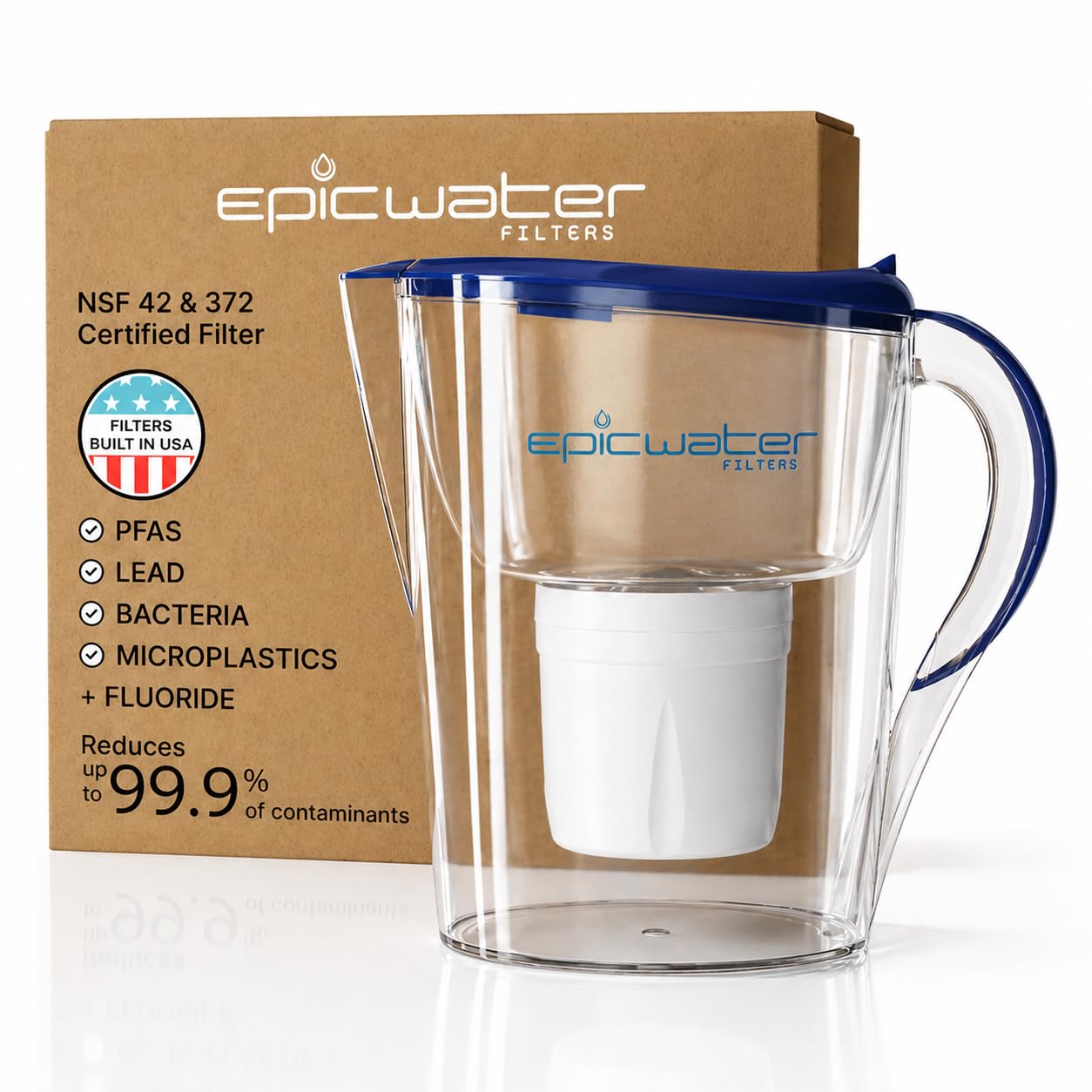 Epic Water Filters Pure Filter Pitchers for Drinking Water, 10 Cup 150 Gallon Filter, Tritan BPA Free, Removes Fluoride, Chlorine, Lead, Forever Chemicals (White & Bamboo)