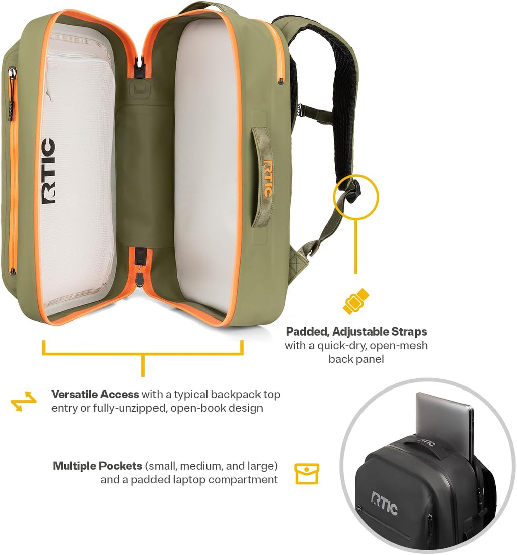RTIC Ultra Dry Backpack Waterproof 26 L, Olive & Orange