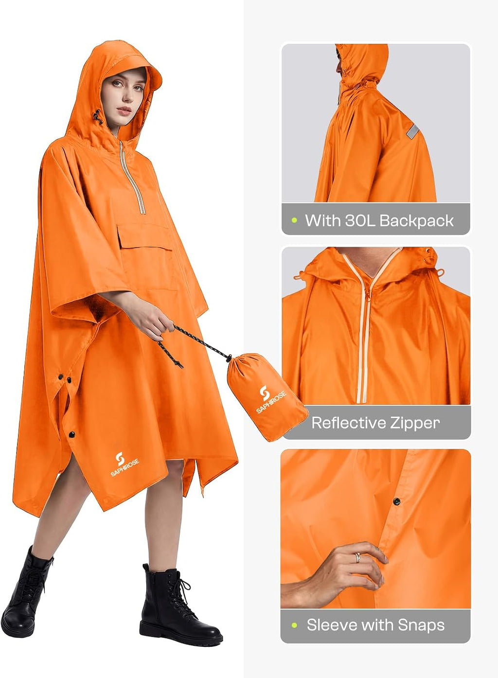 SaphiRose Hooded Rain Poncho Waterproof Raincoat Jacket for Men Women Adults
