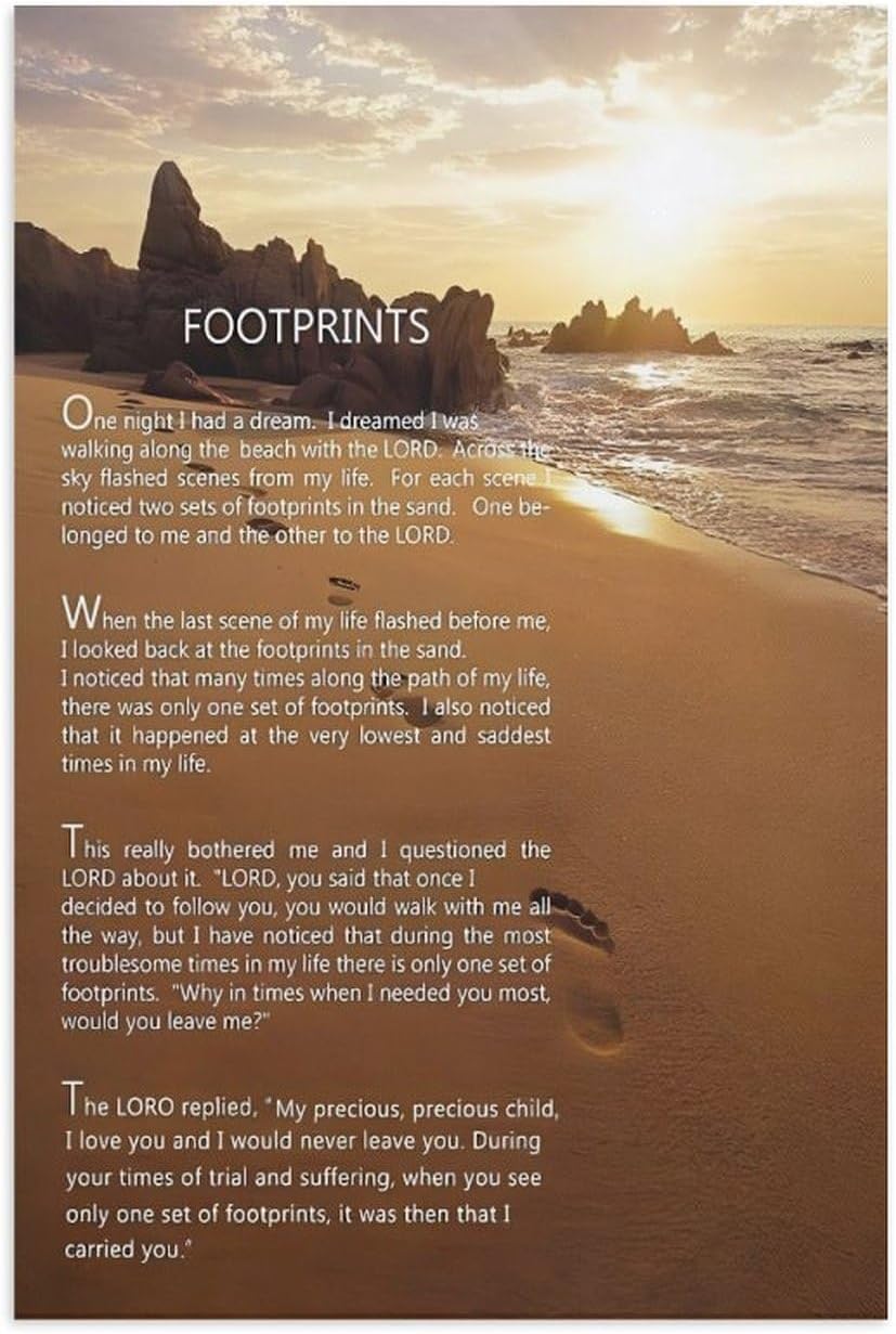 Footprints in the Sand Religious Canvas Wall Art Posters, Inspirational Beach Sunset Poem Print Poster (Unframed 20x30inch, Footprints(2))