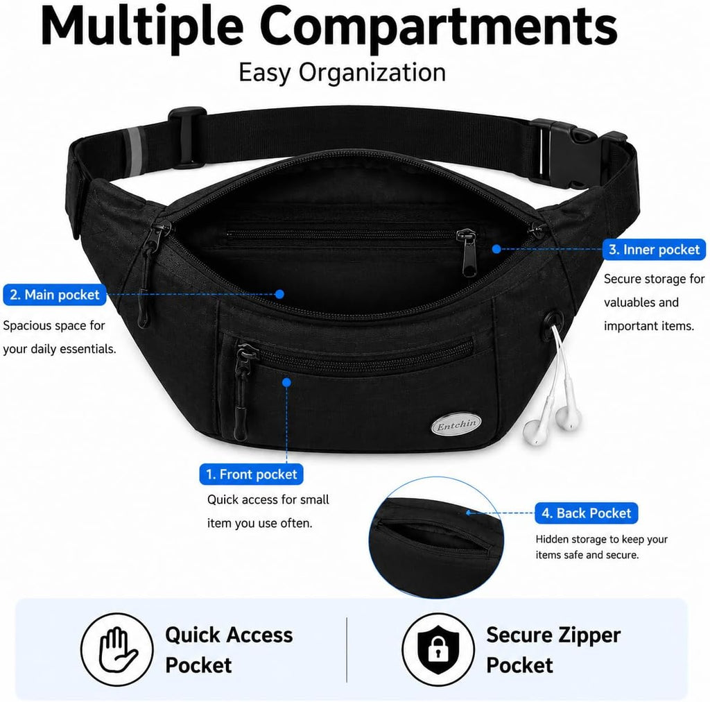 Entchin Water-Resistant Fanny Pack, 4-Zipper Belt Bag