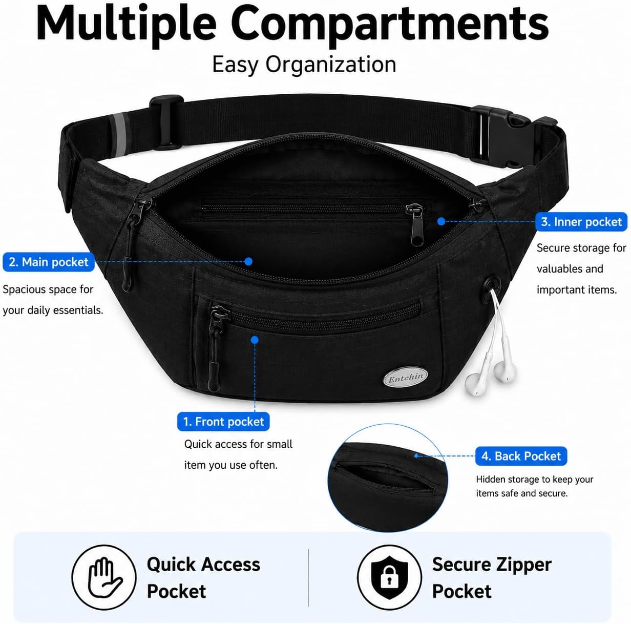 Entchin Water-Resistant Fanny Pack, 4-Zipper Belt Bag