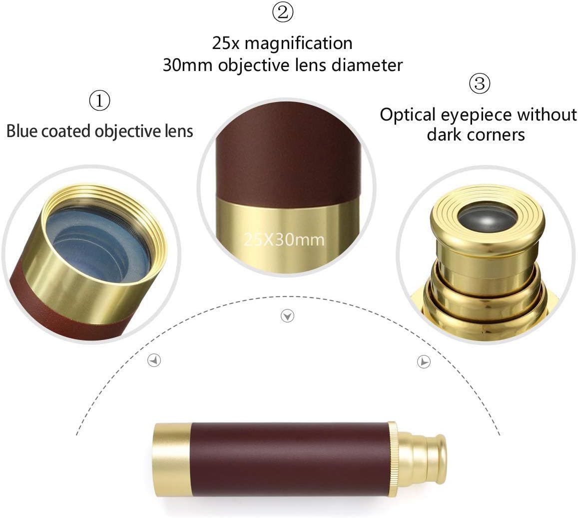 Retro Pirate Telescope Zoomable 25x30 Spyglass Portable Collapsible Handheld Telescope Vintage Monocular for Kids & Survival Gear Compass Pocket Military Compass for Camping Boating