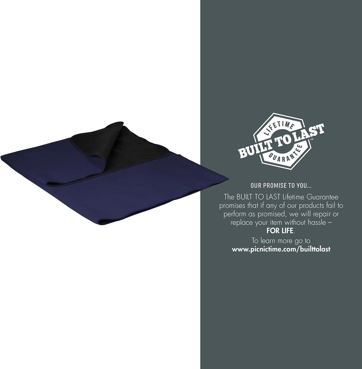 PICNIC TIME Outdoor Picnic Blanket Tote, 59"x51" Foldable Beach & Camping Blanket with Soft Fleece, Water-Resistant Bottom, Adjustable Strap & Zippered Pocket (Navy Blue with Blue Flap)