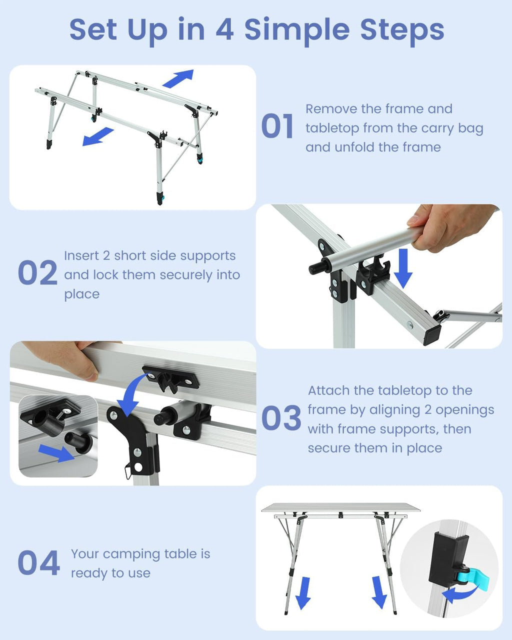 Raynesys Aluminum Folding Camping Table,Adjustable Height & Portable,Silver