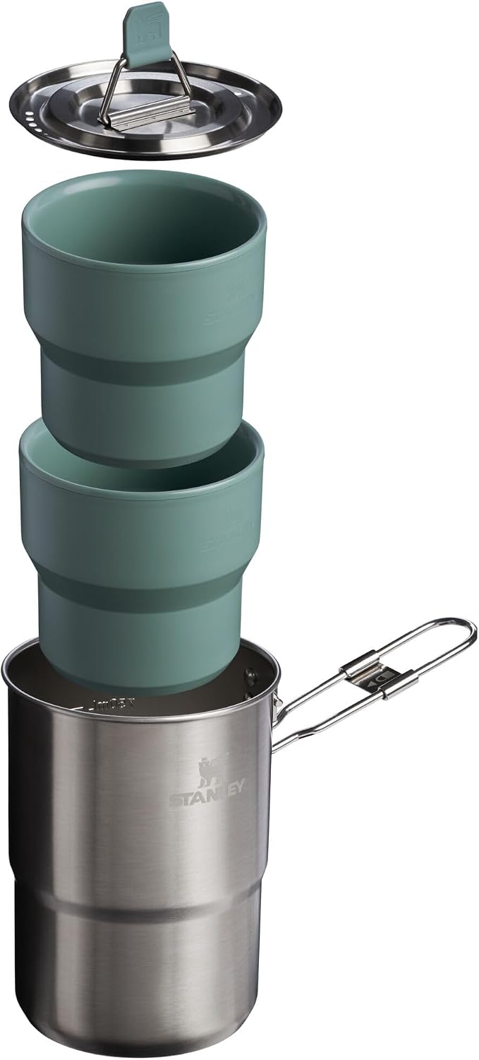 Stanley Wildfare Go 4-Piece Stainless Steel Two Cup Cook Set | 32 oz Pot and Lid with Fold & Lock Handle | 2 Stacking Cups | Camping Essentials for Your Camp Kitchen | BPA-Free | Shale + Charcoal
