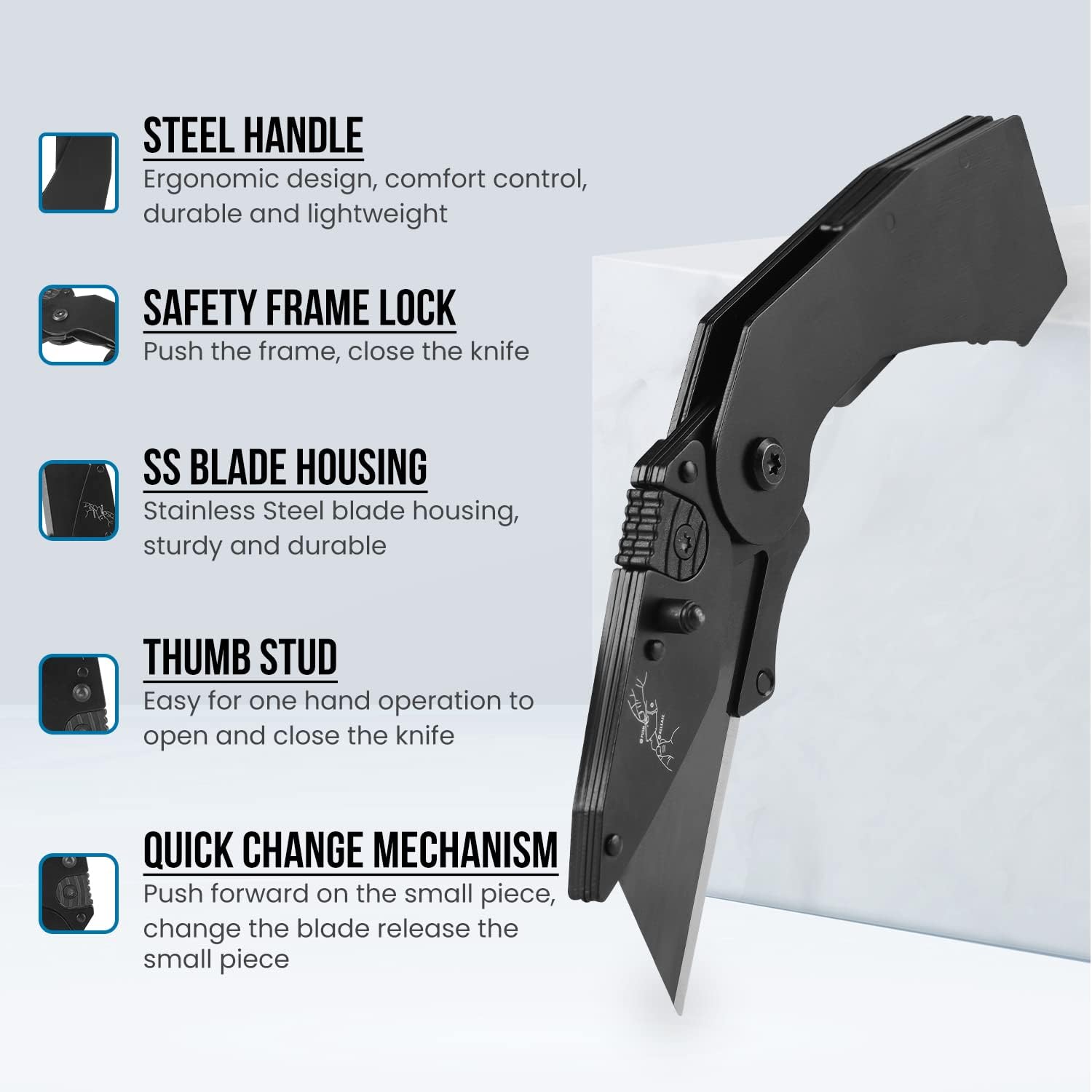 Lichamp 6-Pack Folding Utility Knife, Quick-Change Box Cutter with Razor Blades & Belt Clip, Portable Construction Tool for DIY, Outdoor & Warehouse Use, Black