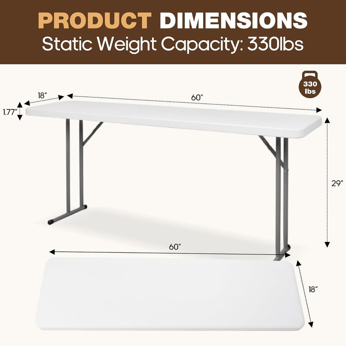 Folding Table 5FT Narrow Portable Plastic Heavy Duty Table HDPE Tabletop Rectangle Seminar Table with Carrying Handle Indoor Outdoor for Training, Buffet,Home Office, Camping, Party