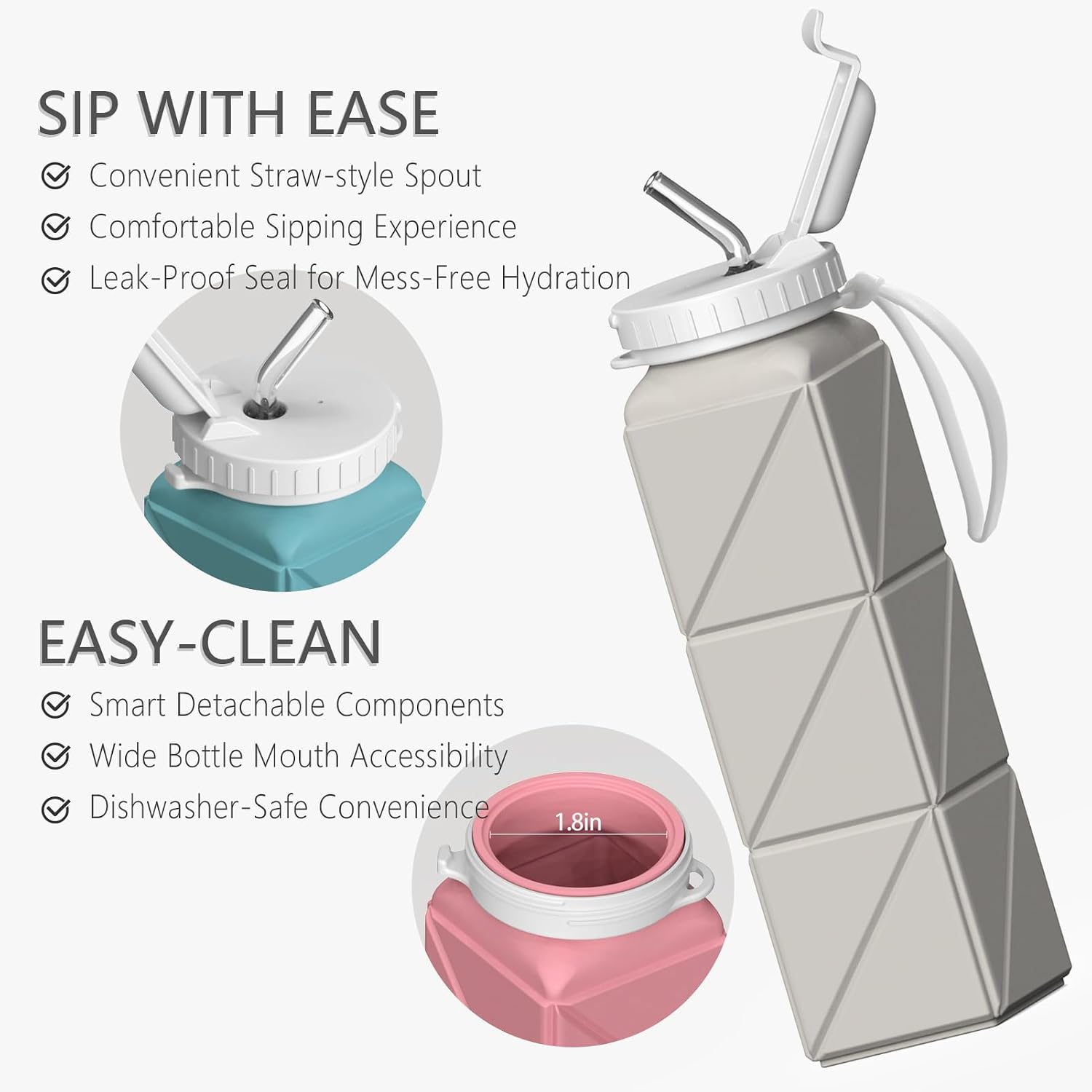 BEAUTAIL Collapsible Water Bottles with Straw 21 oz, Travel Water Bottle