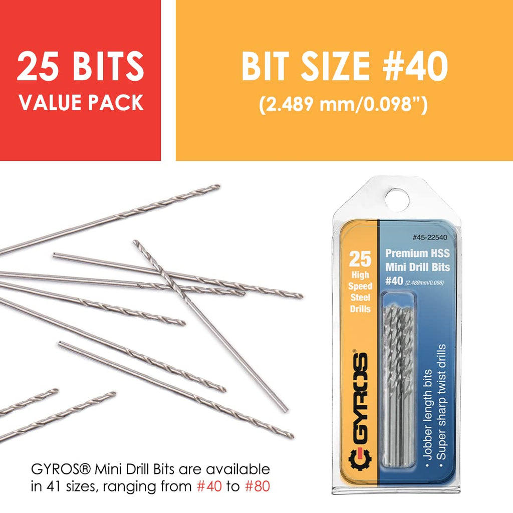 GYROS 25 PCS #40 Micro Drill Bit Set – Small Drill Bits for Jewelry, Plastic, Resin, & Soft Metal – High-Speed Steel Wire Gauge Mini Twist Drill Bit Set for Pin Vise Hand Drill & Rotary Tool